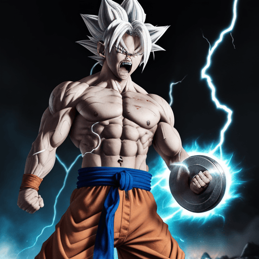 AI generated: Dbz: Goku like character, glowing white hair, lifting heavy weights, extrame rage, berserk, screamin...