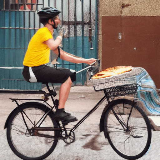 AI generated: A cat riding a bicycle with a pizza in hand