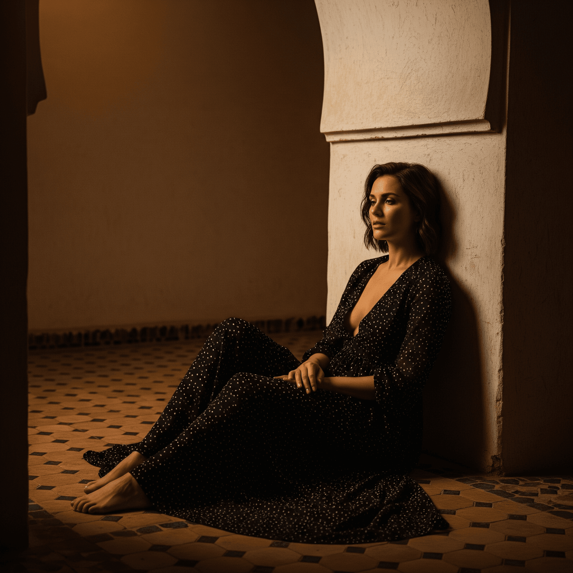 AI generated: A beautiful, high-fashion portrait photograph of a woman with an olive complexion, sitting on an ant...