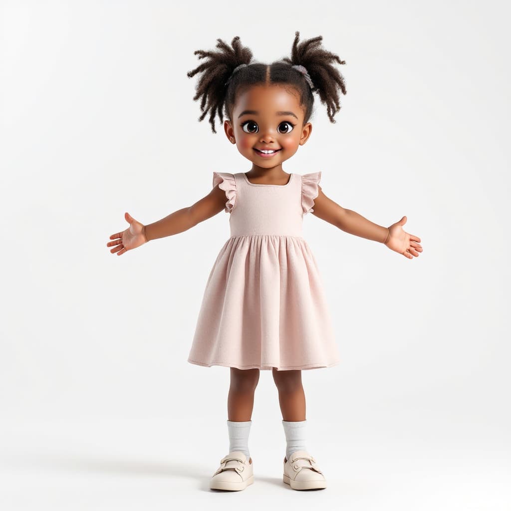 AI generated: A realistic 4D full-length photograph of an 5 year old kindergarten American Black girl, brown skin,...