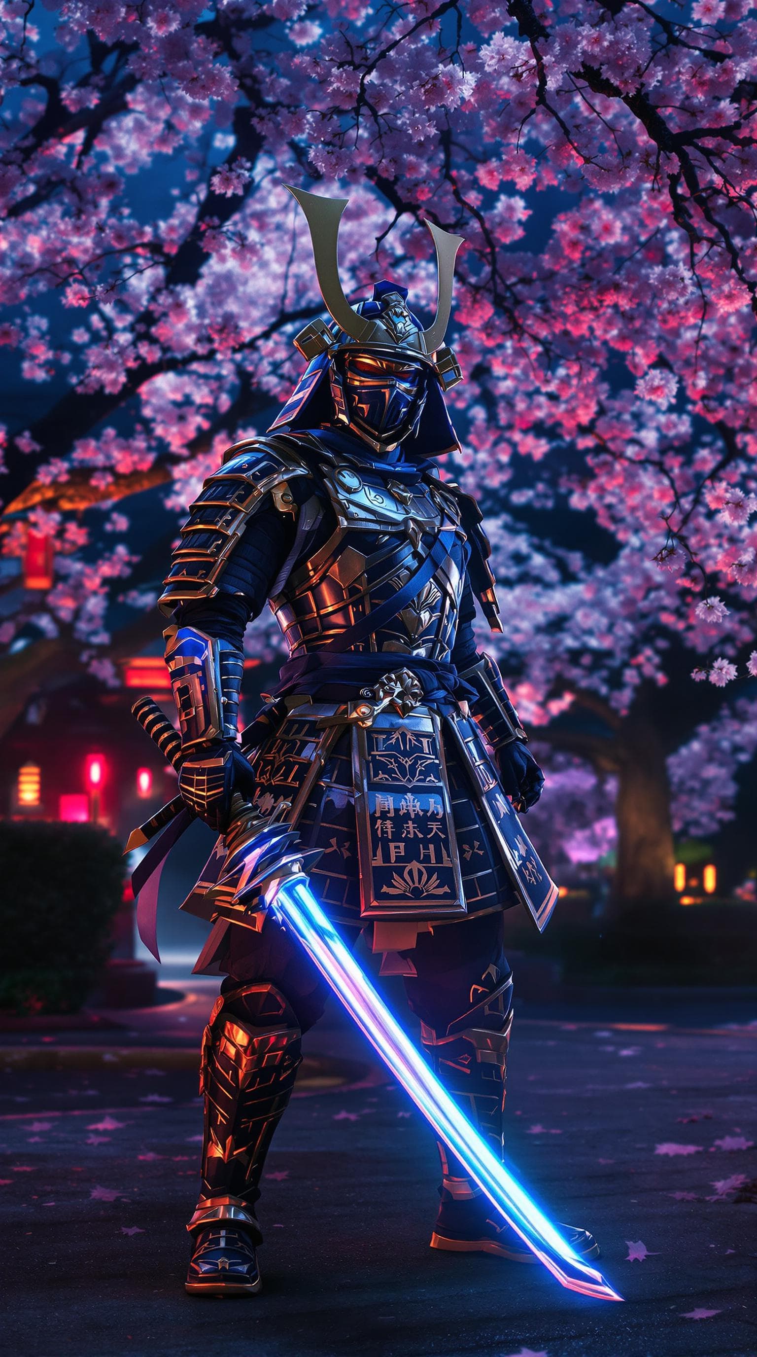 AI generated: A warrior wearing a gold and blue Japanese samurai Armor holding a giant blue glowing Katana , Japan...
