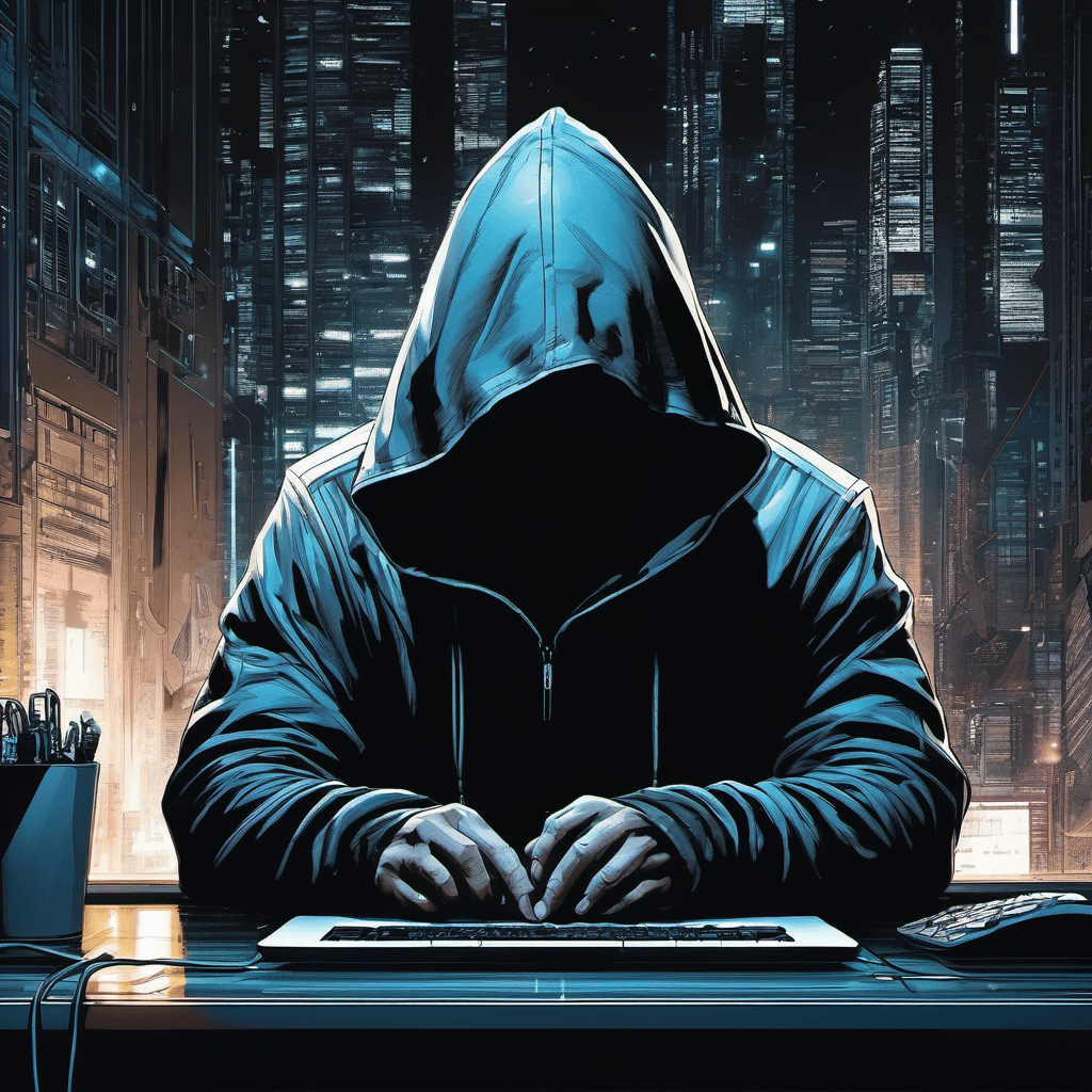 AI generated: intelligent hacker working on laptop, with a hoodie on covering head and obscuring face, in a futuri...