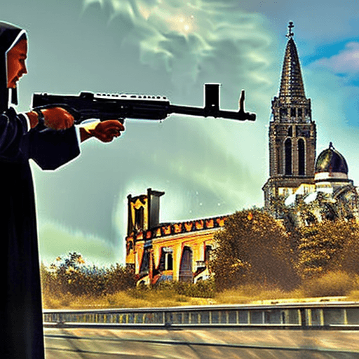 AI generated: nuns with guns, a beautiful nun holding a large machine gun, a cathedral in the background, beautifu...