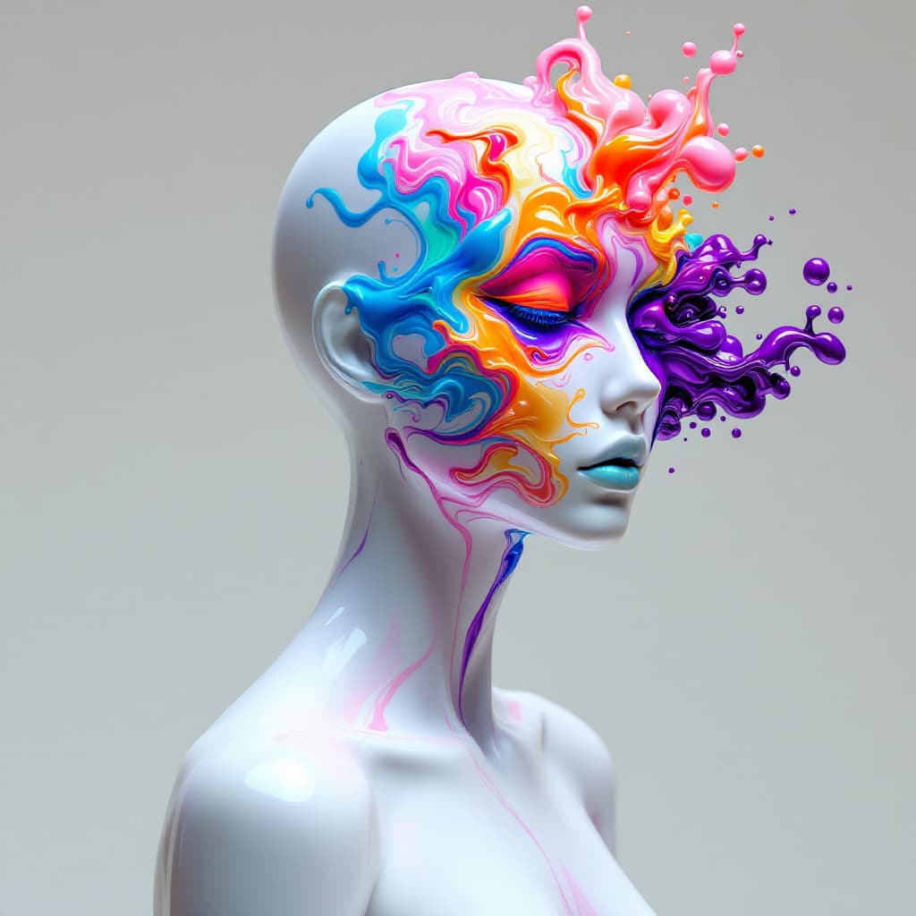 AI generated: surreal, photo-real character with non-gender humanoid mannequin shape in flat, side profile view fr...