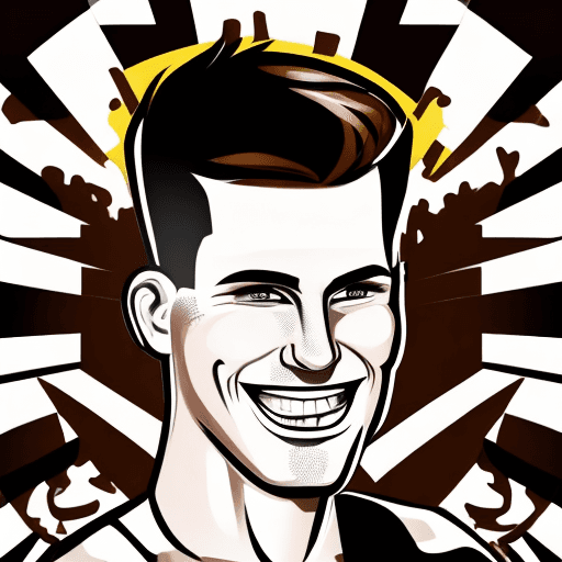 AI generated: Caucasian male With a big smile, short buzzed brown hair cut, rounded caricature face, cartoon, high...