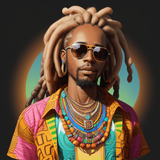 AI generated:  African man with dreadlocks and sunglasses on his head, wearing a bright shirt and necklace, highly...