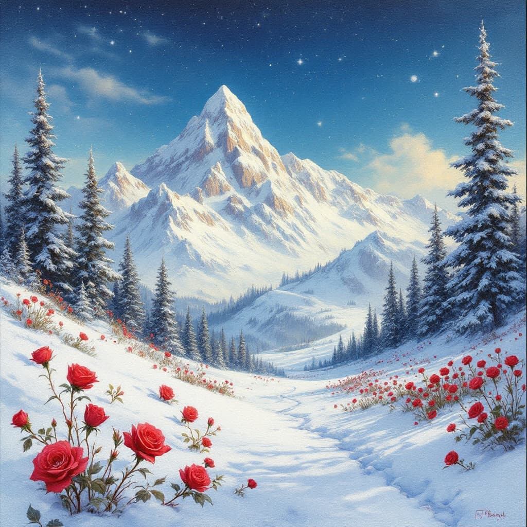 AI generated: Disuelto ya en tu nieve el nombre mío,
vuélvete a tus montañas trepadoras, Rosas rojas llenas de pas...