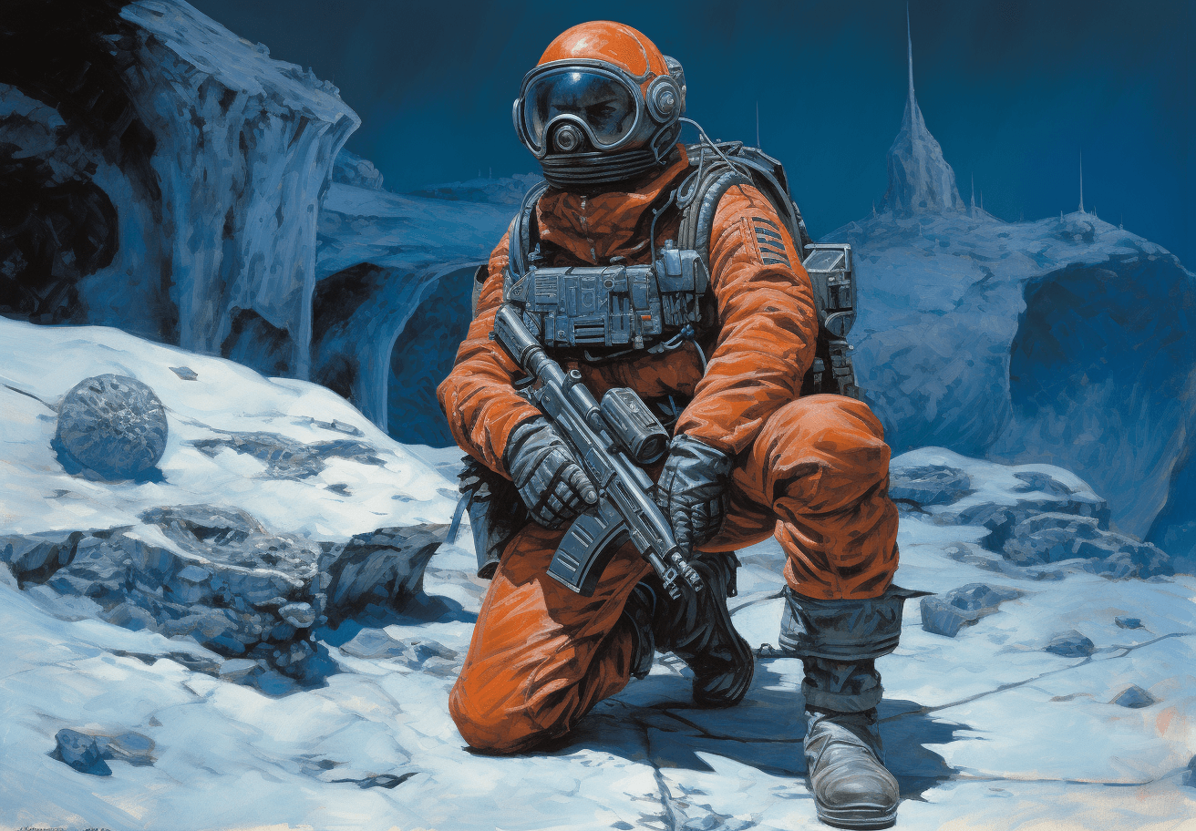 AI generated: A space soldier in the style of John Berkey, on an ((alien planet with rings and moons)), in the sty...