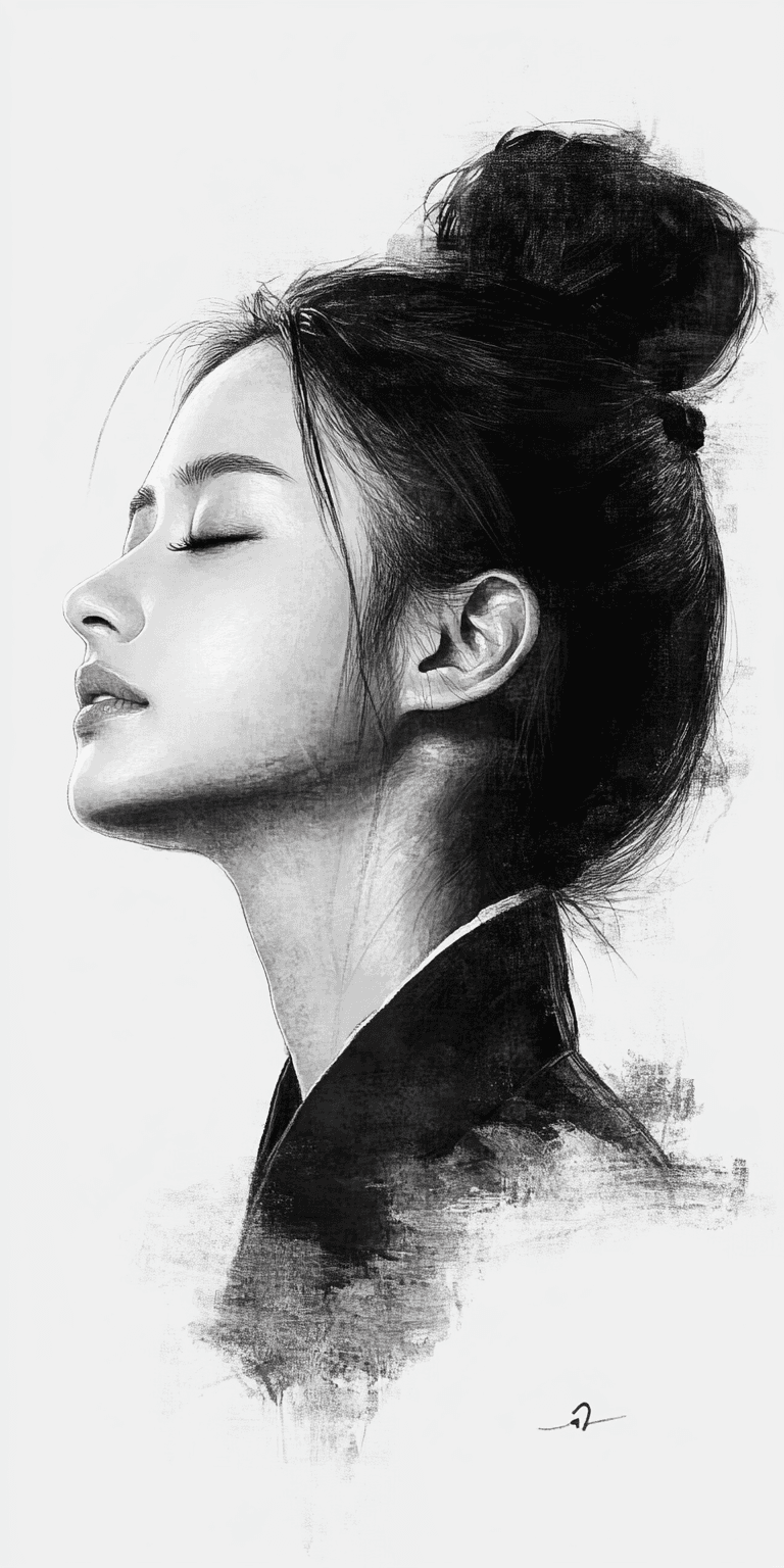 AI generated: ink painting of a Korean woman, 25-30 years old, Asian beauty standards --chaos 30 --ar 1:2 --person...