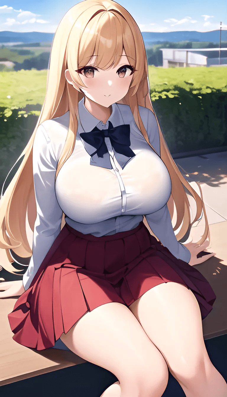 AI generated: school uniform, skirt, (beautiful, high res, 256k:1.2), outdoors, school, white school uniform, red ...