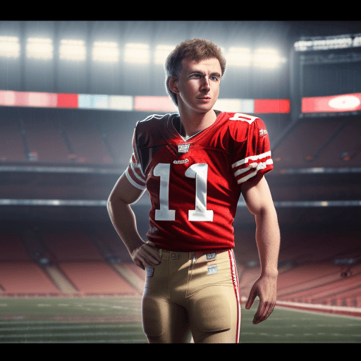 AI generated: Young joe montana in 49ers stadium, photo, light box, three point lighting, film grain, epic movie p...
