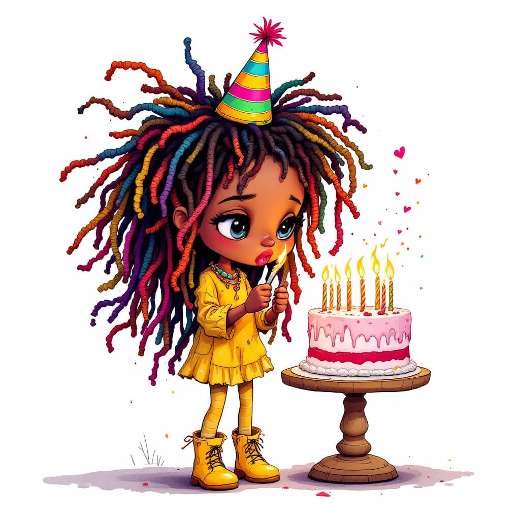 AI generated: A dark-skinned, skinny girl with wild, colorful locs sticking out all over her head, wearing boho cl...