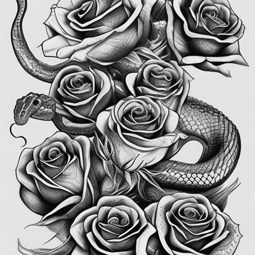 AI generated: snakes with flowers, tattoo sketch, smooth transitions, black patterns, more details, more flowers, ...