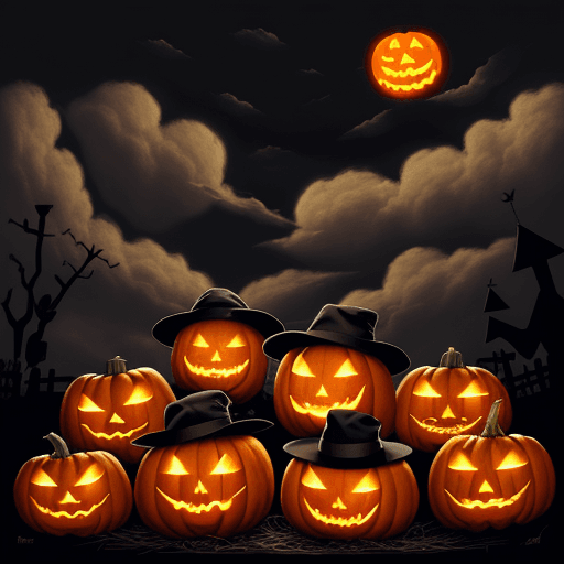 AI generated: PUMPKINS, MICE WITH HATS, JACK-O-LANTERN IN MIDDLE, COBWEBS, ACONS, DARK SKY WITH CLOUDS, MICE WITH ...