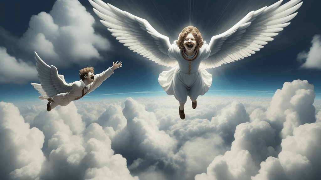 AI generated: people being raptured on the air to encounter with their king surrounded by clouds of glory and ange...