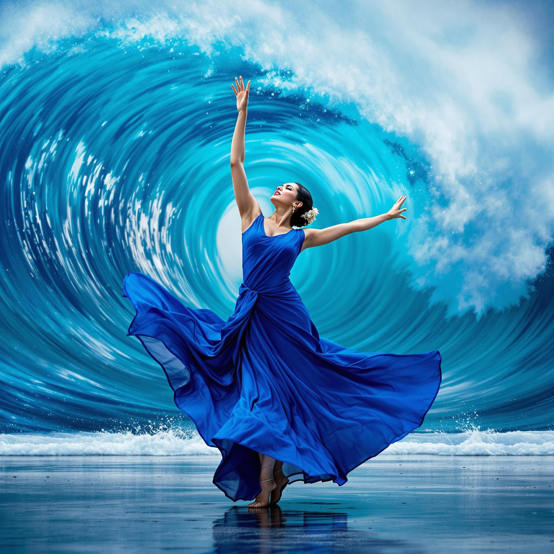 AI generated: The image features a Indian woman in a blue dress, gracefully dancing in front of a large wave. She ...