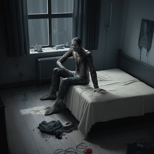 AI generated: a sad man is sitting on the bed, rgb, sadness, bedroom full of water, sadness,clothes made out of ve...
