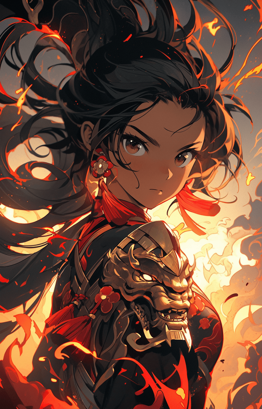 AI generated: a girl with long dark hair and golden armor is walking on fire, in the style of tristan eaton, tradi...