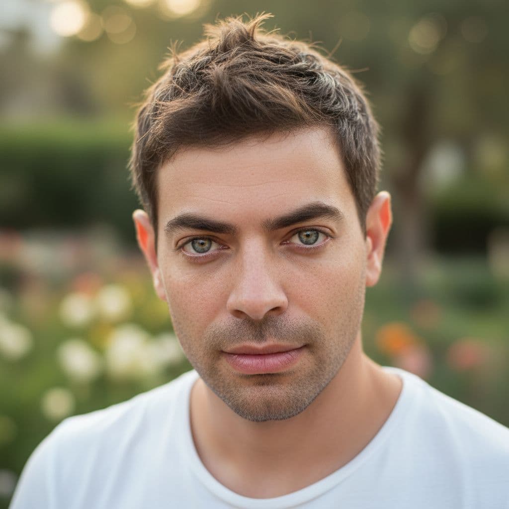 AI generated: detailed and realistic portrait of a man with a few freckles, round eyes and short messy hair shot o...