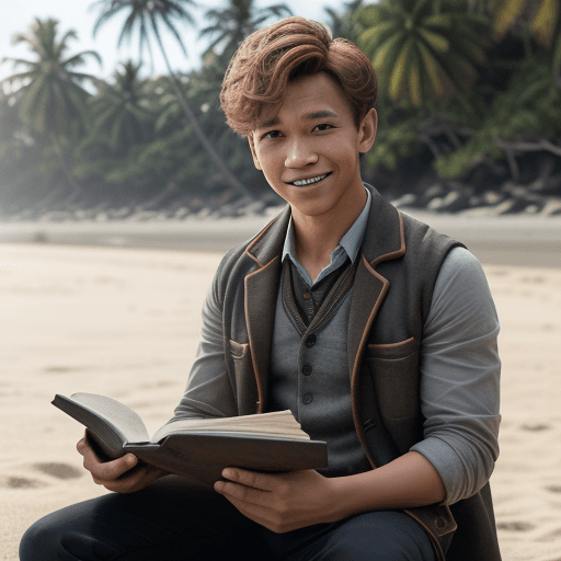 AI generated: png render of Newt Scamander as a Filipino young man sitting on a beach looking at the camera, the m...