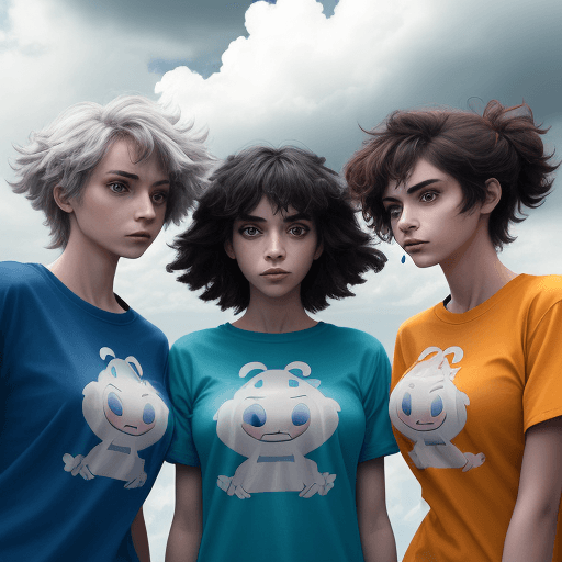 AI generated: Photo of three anthropomorphized storm clouds, each wearing different colored tshirts saying I work ...