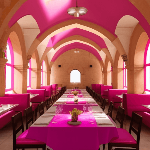 AI generated: Big Greek vibe restaurant modern style 5 stars restaurant with fuchsia flowers and indirect light in...