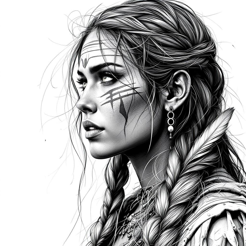 AI generated: black and white drawing of a Indian warrior woman with braided hair, wearing war paint on her face, ...
