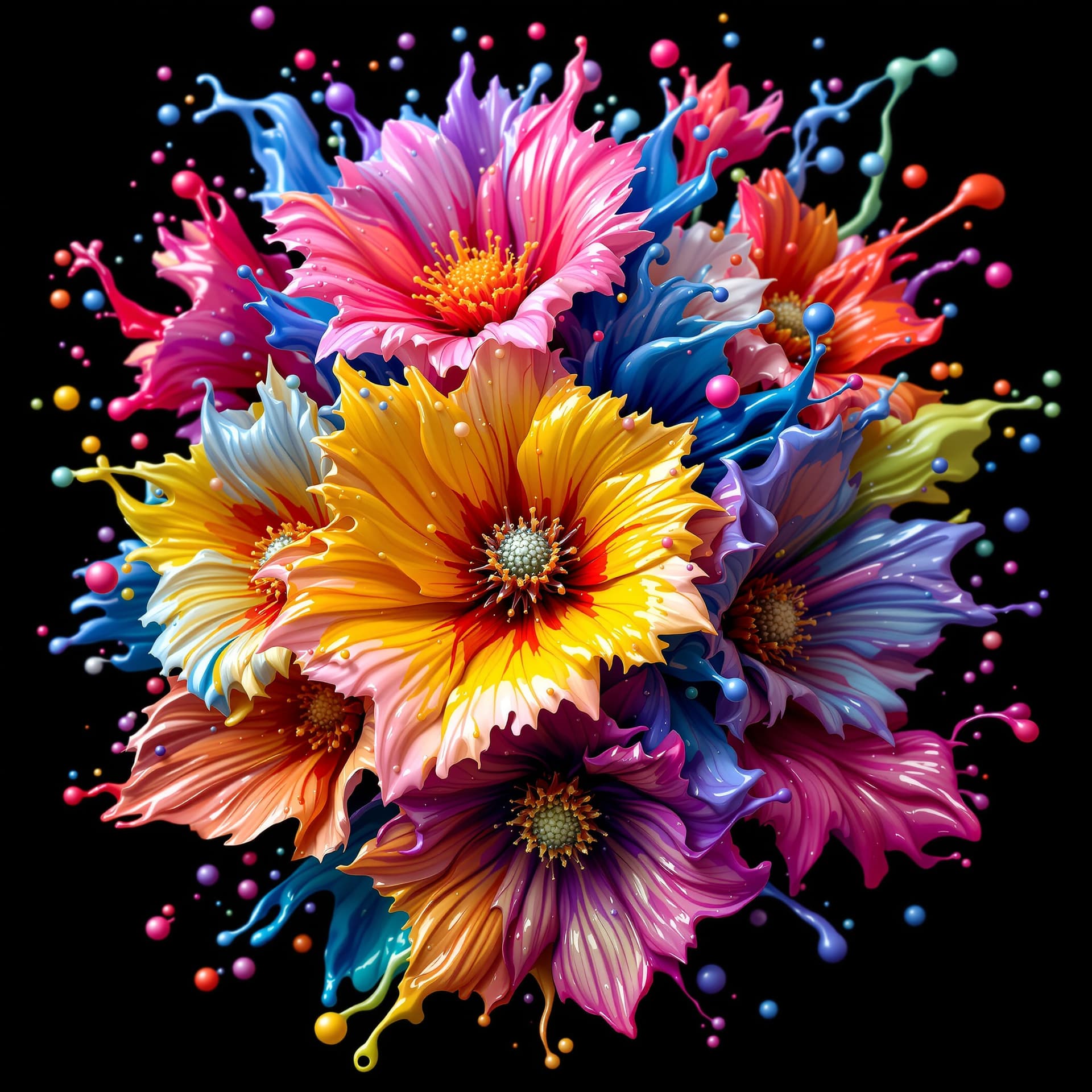 AI generated: 3d flowers made of fluids liquid paint vivid and multicolored wet look joined to form an artful spec...