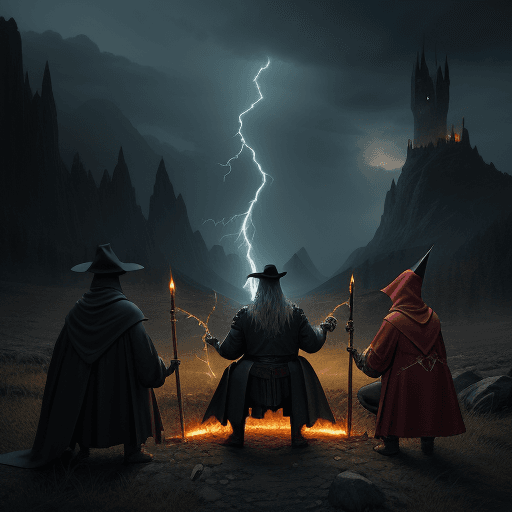 AI generated: landscape shot of two wizards back to back and surrounded by medieval fantasy cutthroats with knives...