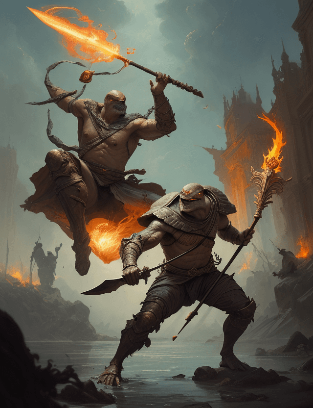 AI generated: A turtle with halberd facing a human fire wizard with a staff by Greg Rutkowski, oil painting, heavy...