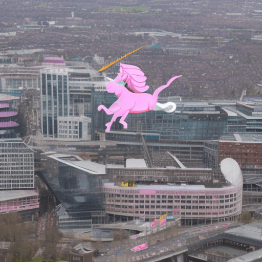 AI generated: Pink unicorn flying over the city of Manchester