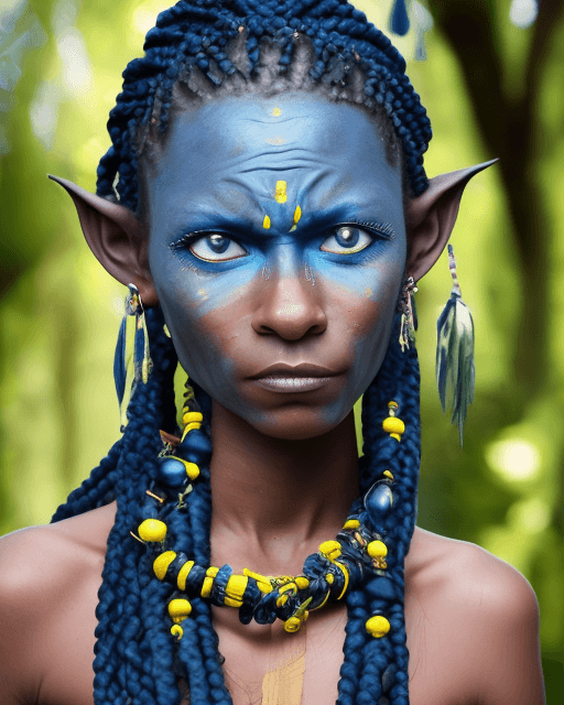 AI generated: na'vi woman, blue skin, dark blue stripes, large ears braided hair, beads in hair, large necklace, l...