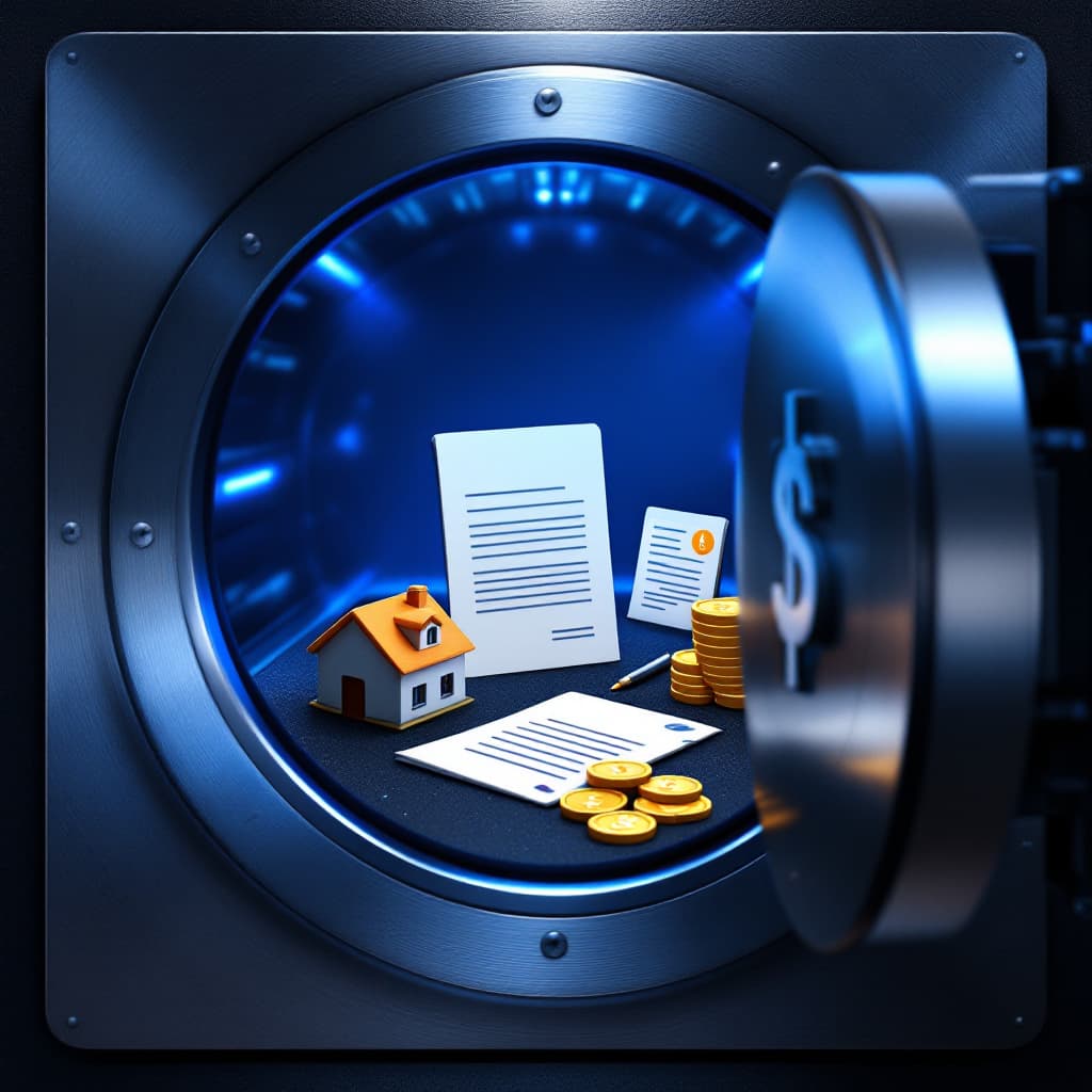 AI generated: A logo icon for Hacking Self-Directed IRAs. A photograph of a massive, brushed steel vault door slig...