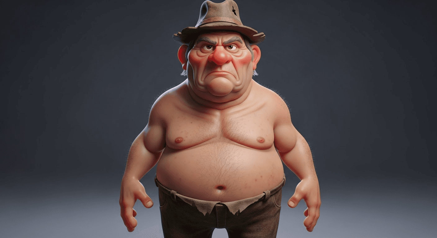 AI generated: A fat, pot-bellied older man, a 3D cartoon type, with a serious expression. He has pronounced indige...