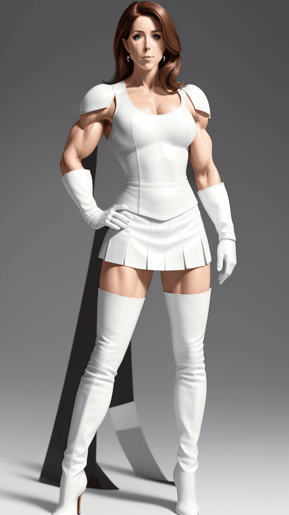 AI generated: Princess Mary as strong muscular woman, toned biceps, wears white Leather skirt, white Leather Glove...