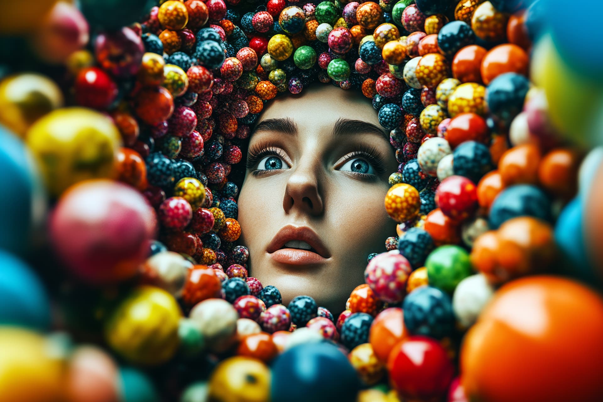 AI generated: A woman's face is hidden behind colorful balls of candy, creating an artistic double exposure effect...