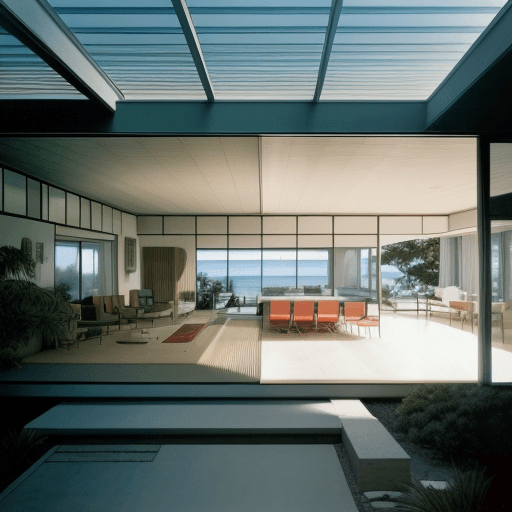 AI generated: Hyper realistic eye level exterior photo of a mid century modern style house overlooking the ocean, ...