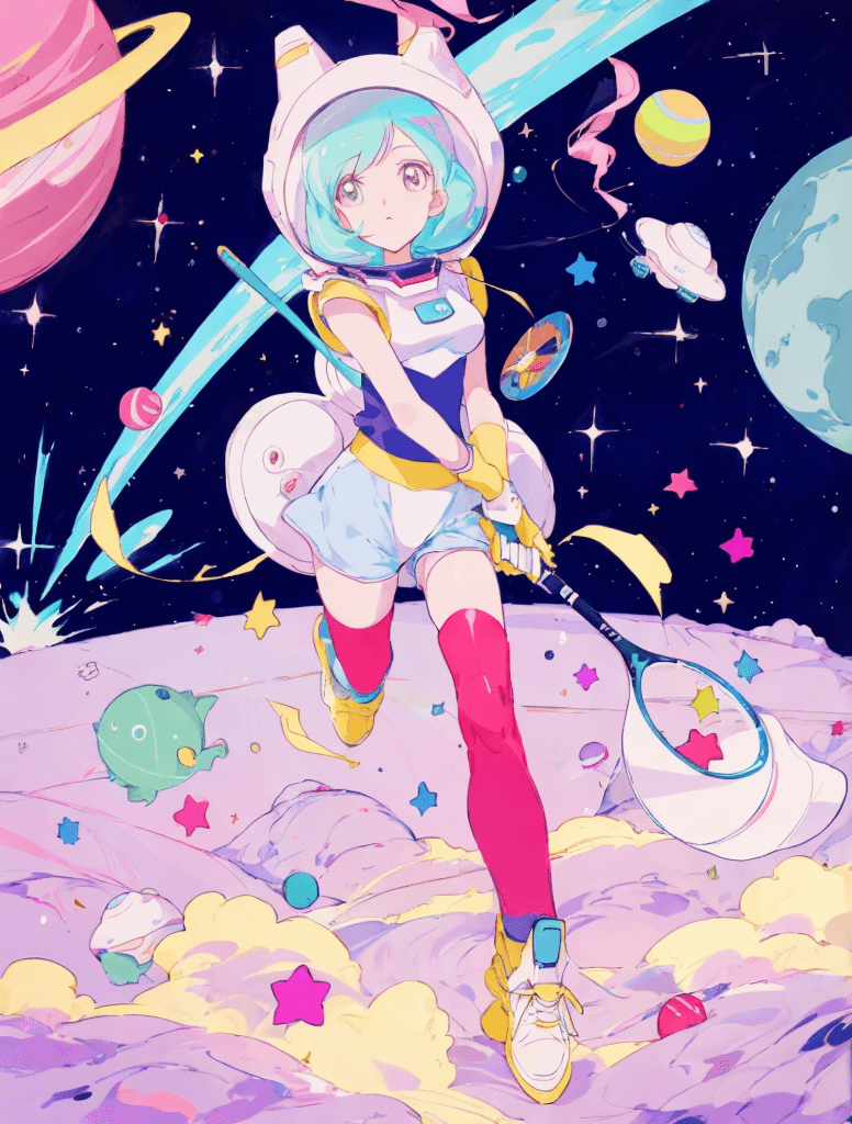 AI generated: a girl in a space suit holding a tennis racket, an anime drawing, space art, candy pastel, adventure...