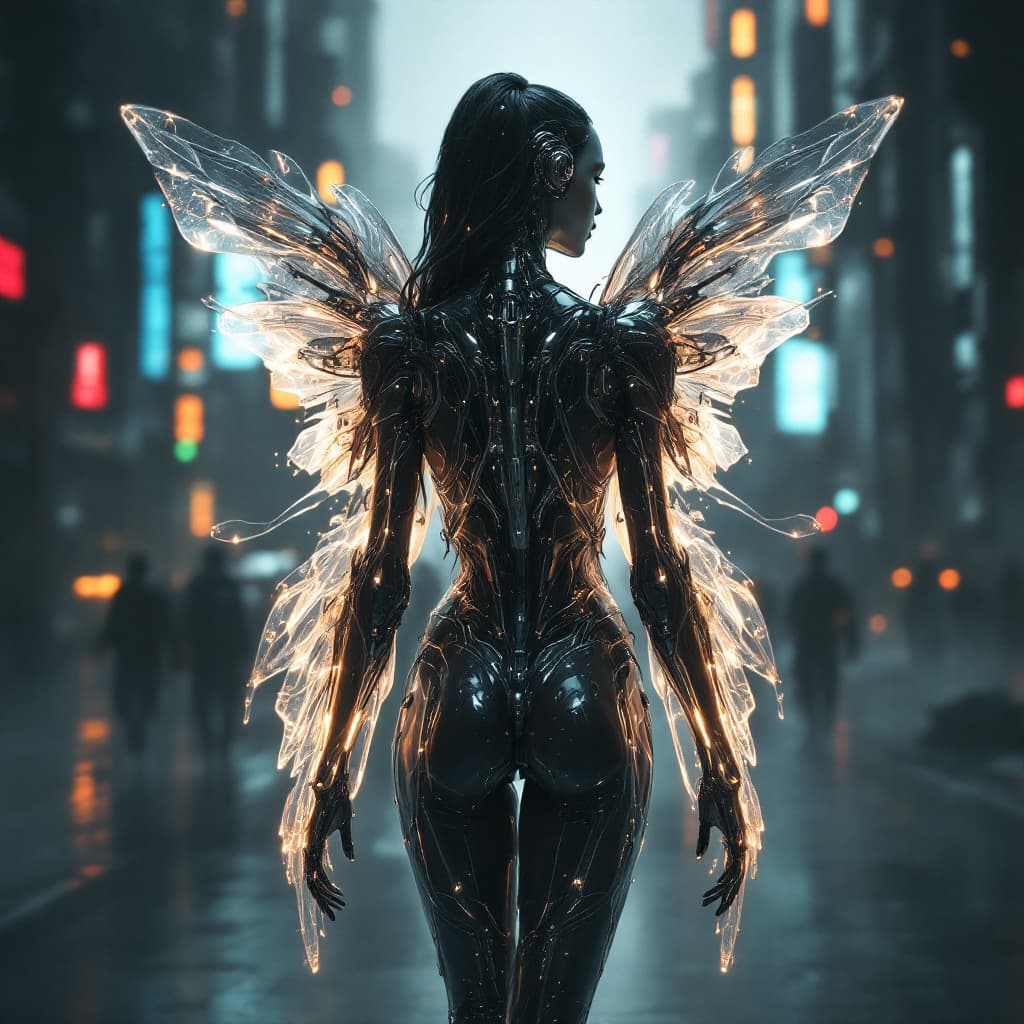 AI generated: A futuristic cybernetic woman with liquid metal biomechanical wings, highly reflective and transluce...