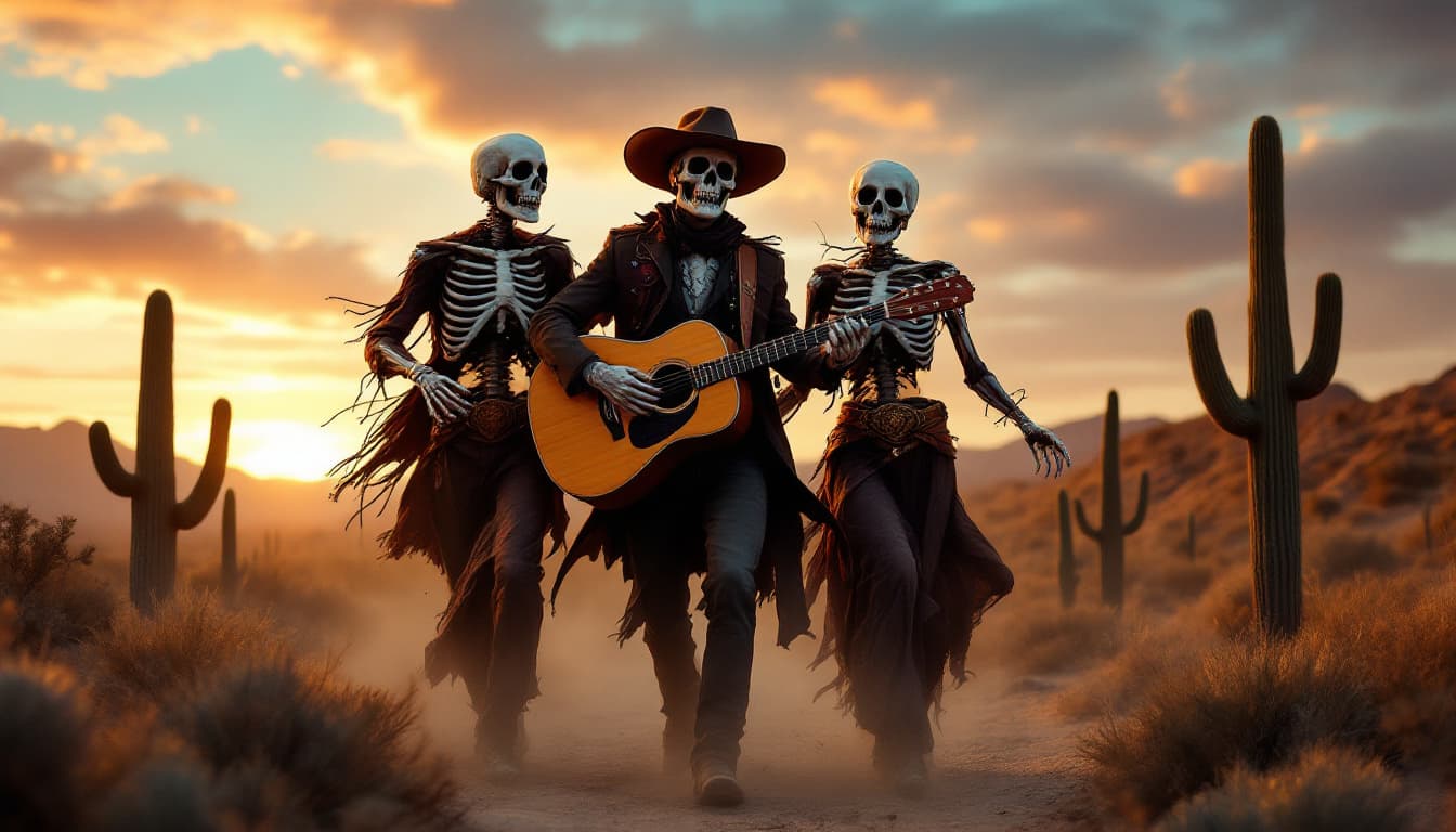 AI generated: Hola, quiero la siguiente imagen: Un hombre junto a dos calaveras caminando de espaldas en el desier...