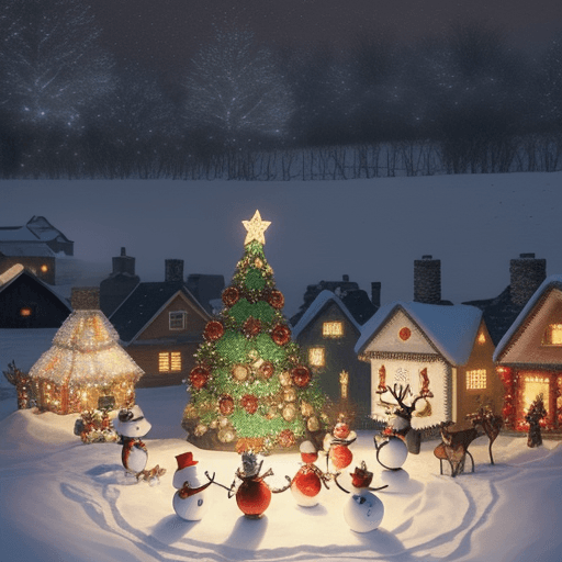 AI generated: A Christmas village with reindeer and happy snowmen 