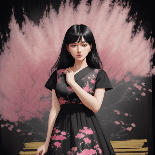 AI generated: black haired woman posing amidst bright flowers in a black dress, in the style of soft, painterly br...