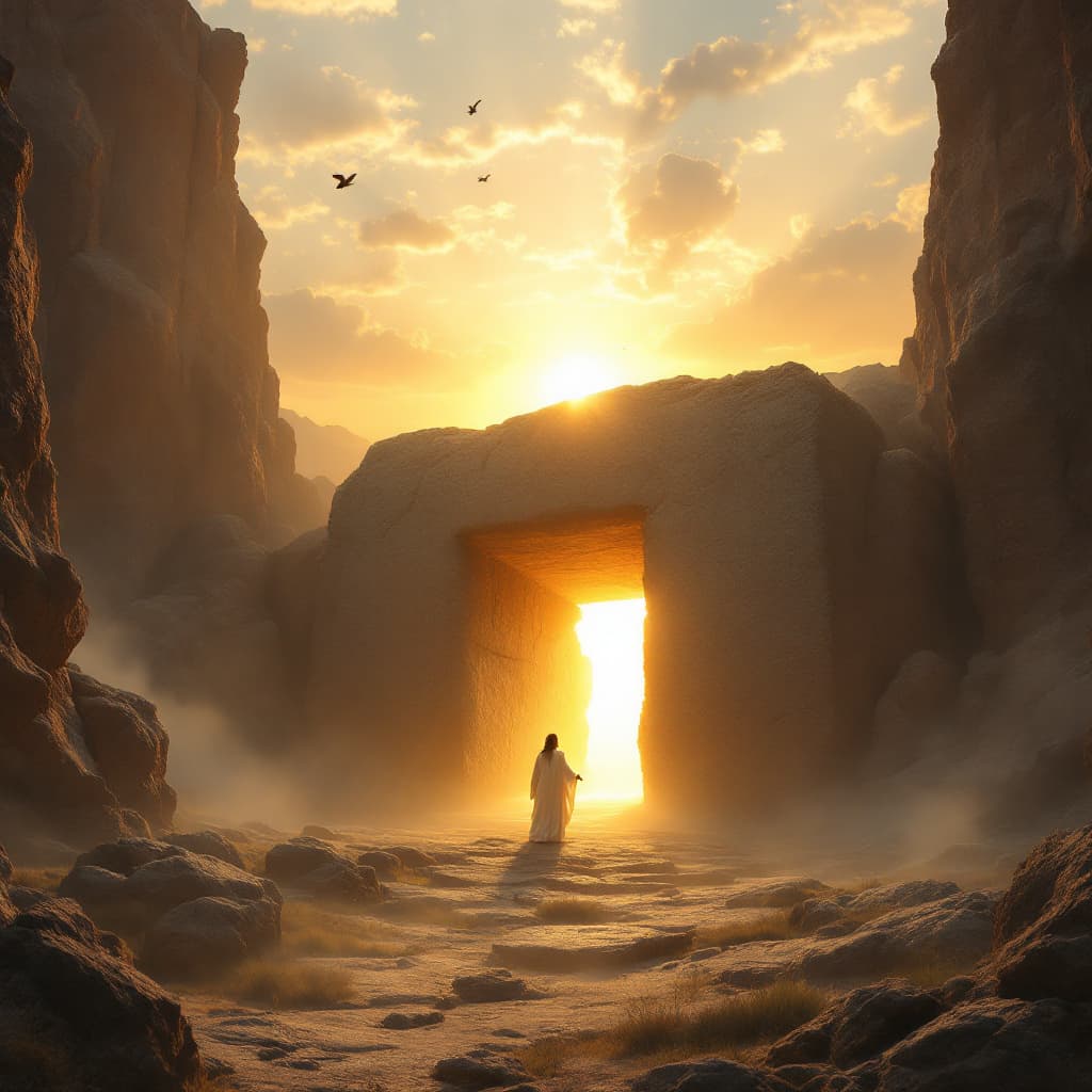 AI generated: A breathtaking depiction of the empty tomb of Jesus Christ at sunrise. The large stone is rolled awa...