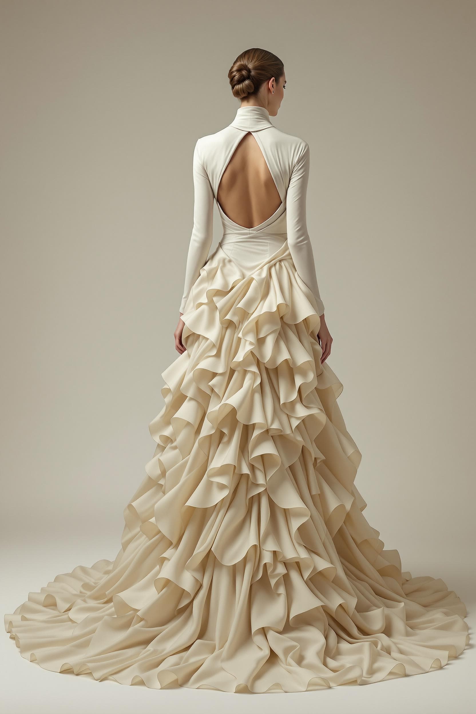 AI generated: The image is a full-length portrait of a woman in a flowing cream dress. The dress features a high n...