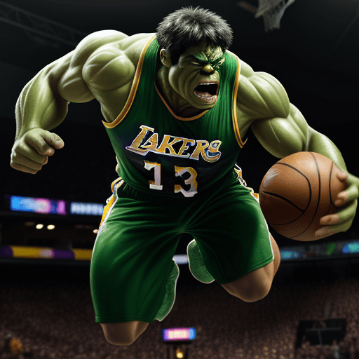 AI generated: Marvel's Hulk playing basketball, he is jumping to dunk on the hoop and he is dressed in the Lakers ...