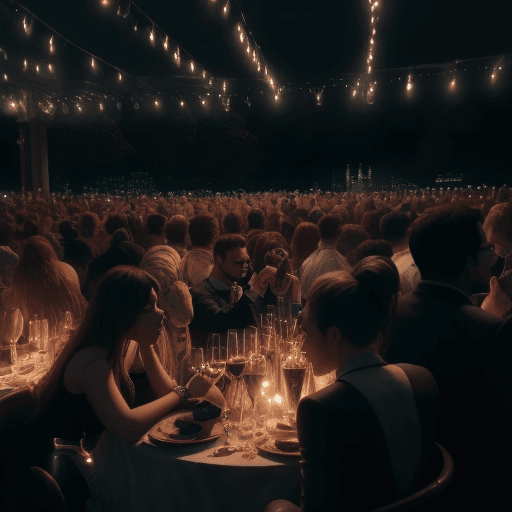 AI generated: Hyper realistic level exterior photo of a person bored on a party , night, a lot of people, big part...