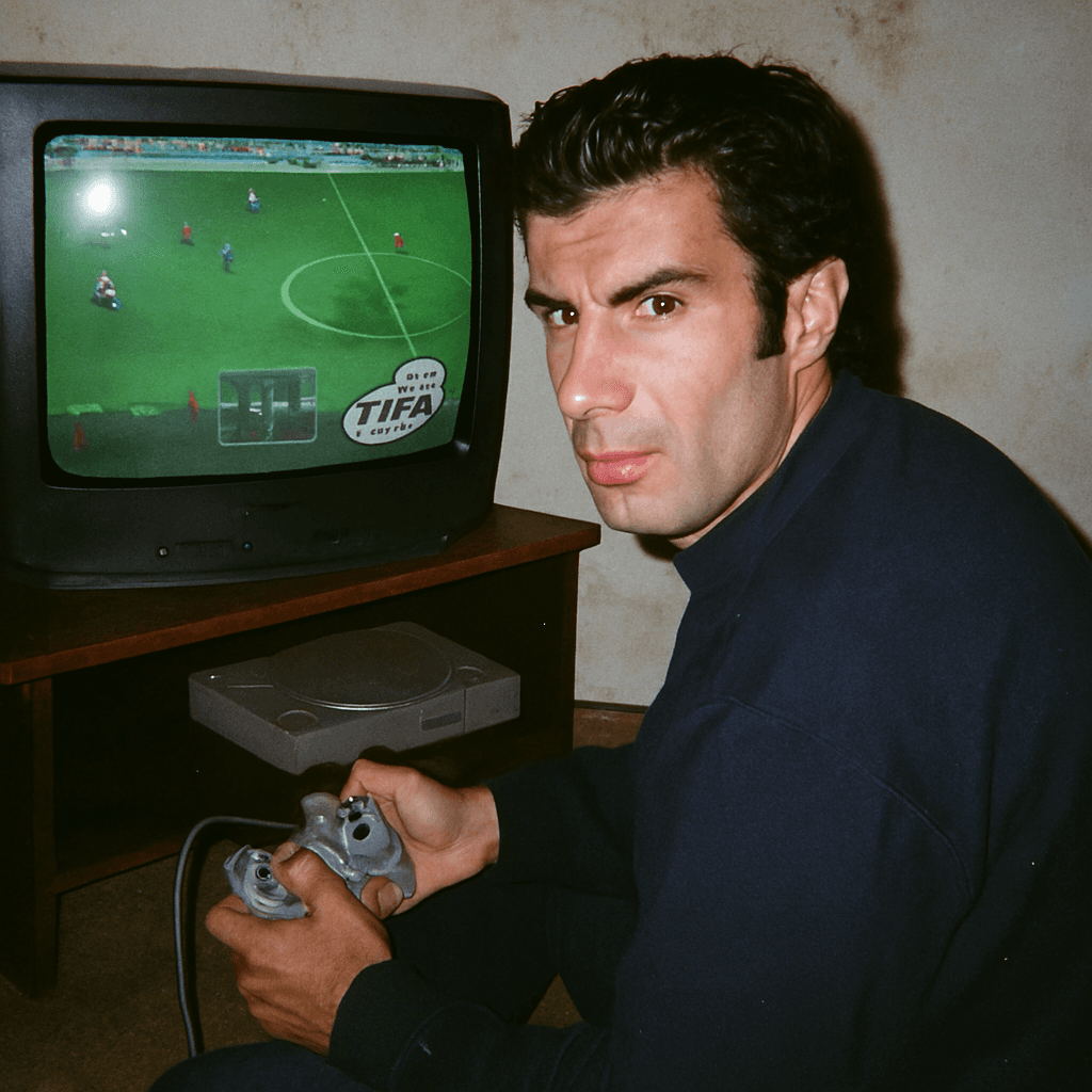 AI generated: Grungy analog photo of Luis Figo circa 2000 playing Fifa 2000 on Playstation 1 on a 90s CRT TV in a ...