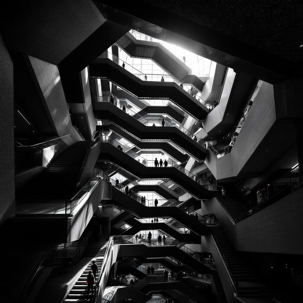 AI generated: geometric and architectural, vertical, black and white photography, looking up through a multi-level...