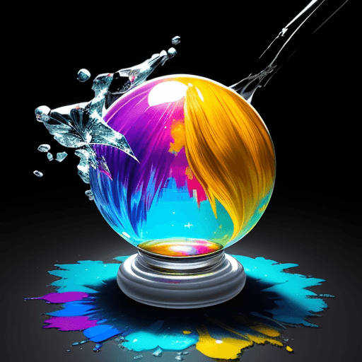 AI generated: use radiosity to create a crystal ball landing in a splash of colorful paint