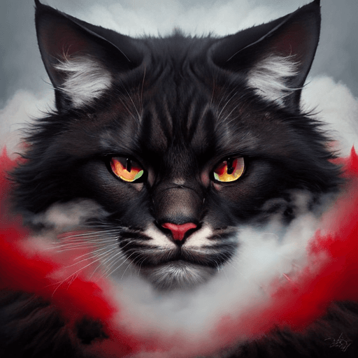 AI generated: portrait of a large cat covered in cloud of smoke, whirlwind, red highlight colors, black fur, majes...
